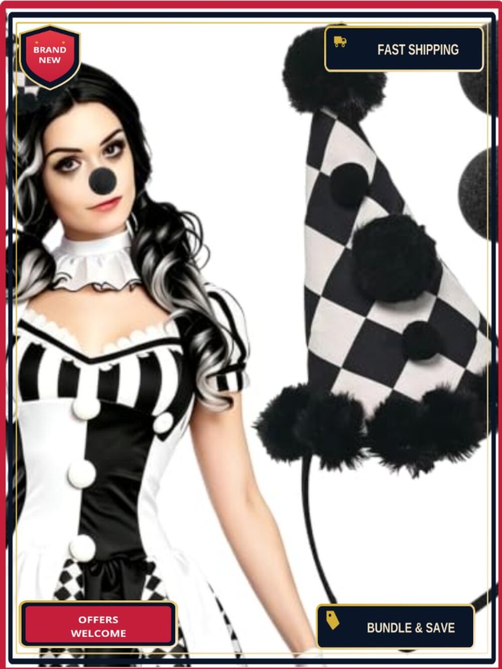 Clown Hat Headband & Nose Set Funny Cosplay Costume Accessory Dress Up